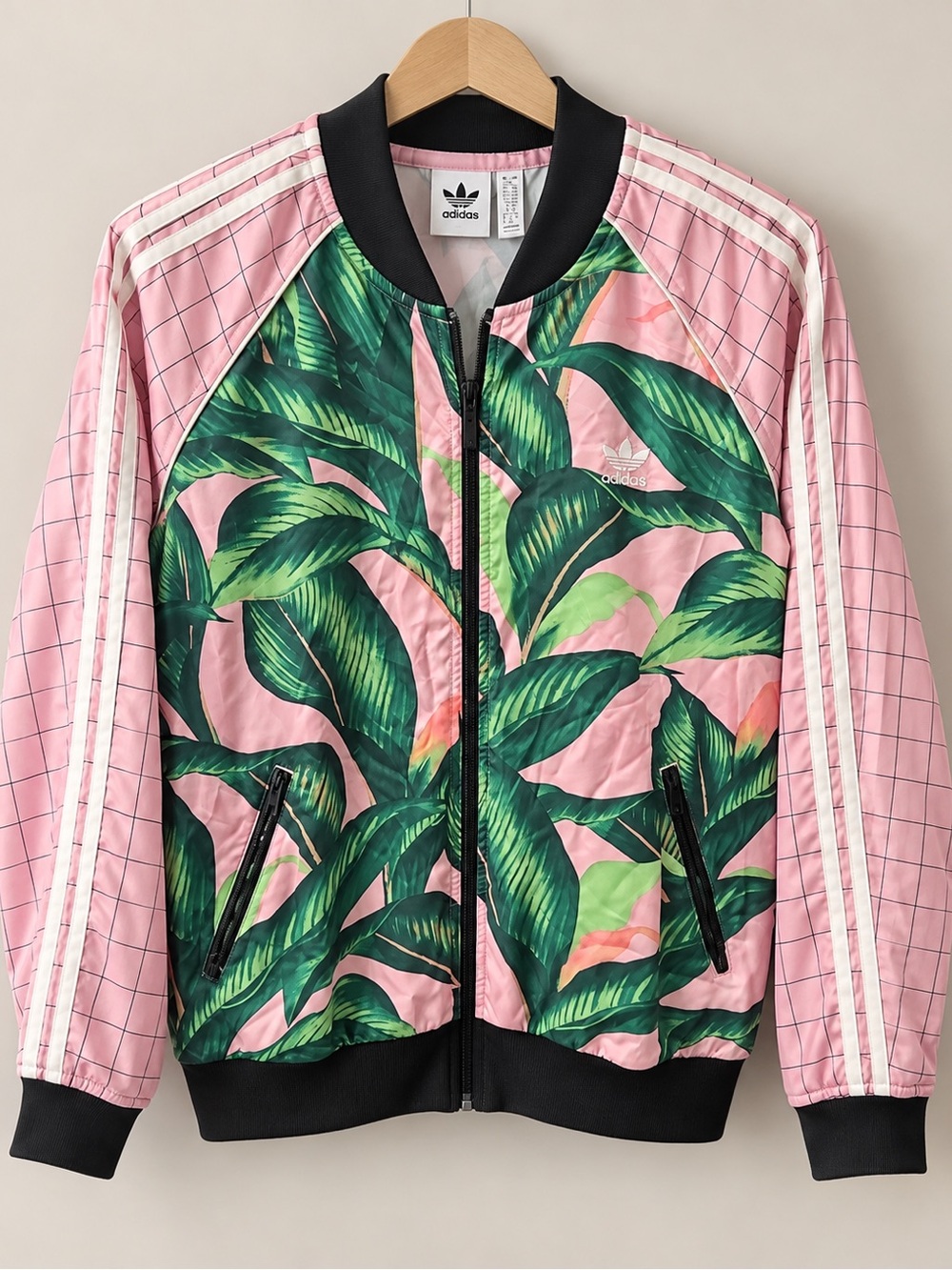 Adidas Originals Pink Tropical Leaf Print Bomber Track Jacket
